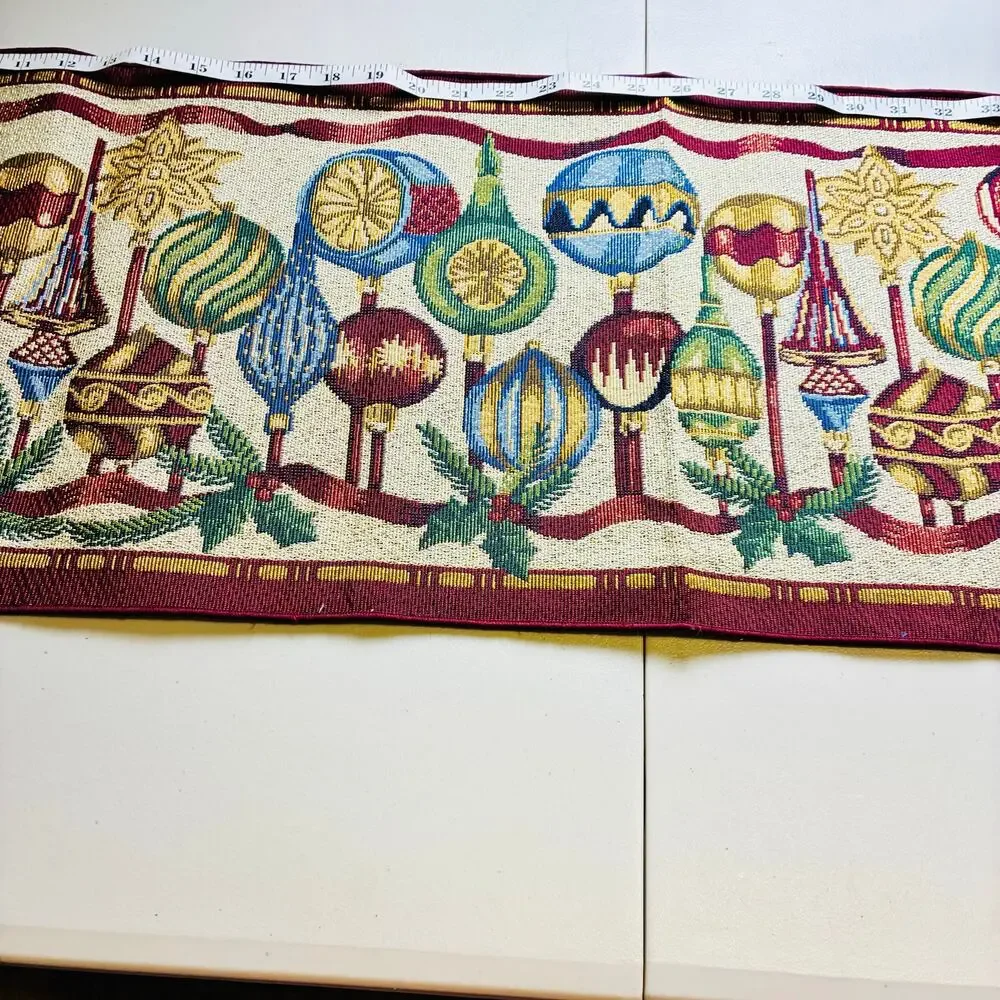 Vintage Christmas Tapestry Table Runner Holiday Ornament Garland Fringe 50